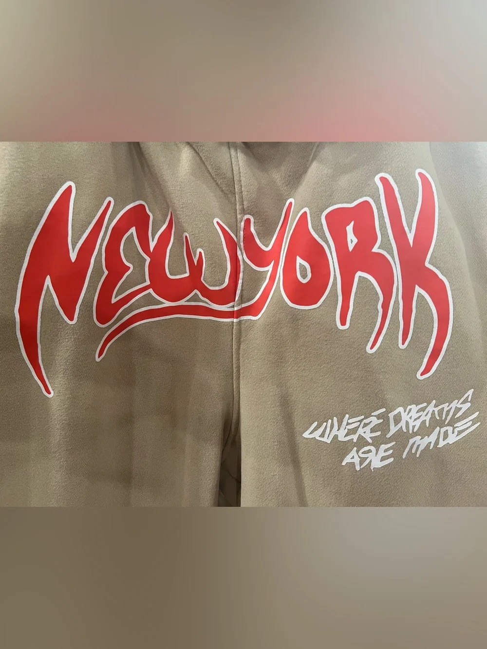 Fashion Nova Beige Joggers with Red 'New York' Graphic and White Side Stripe